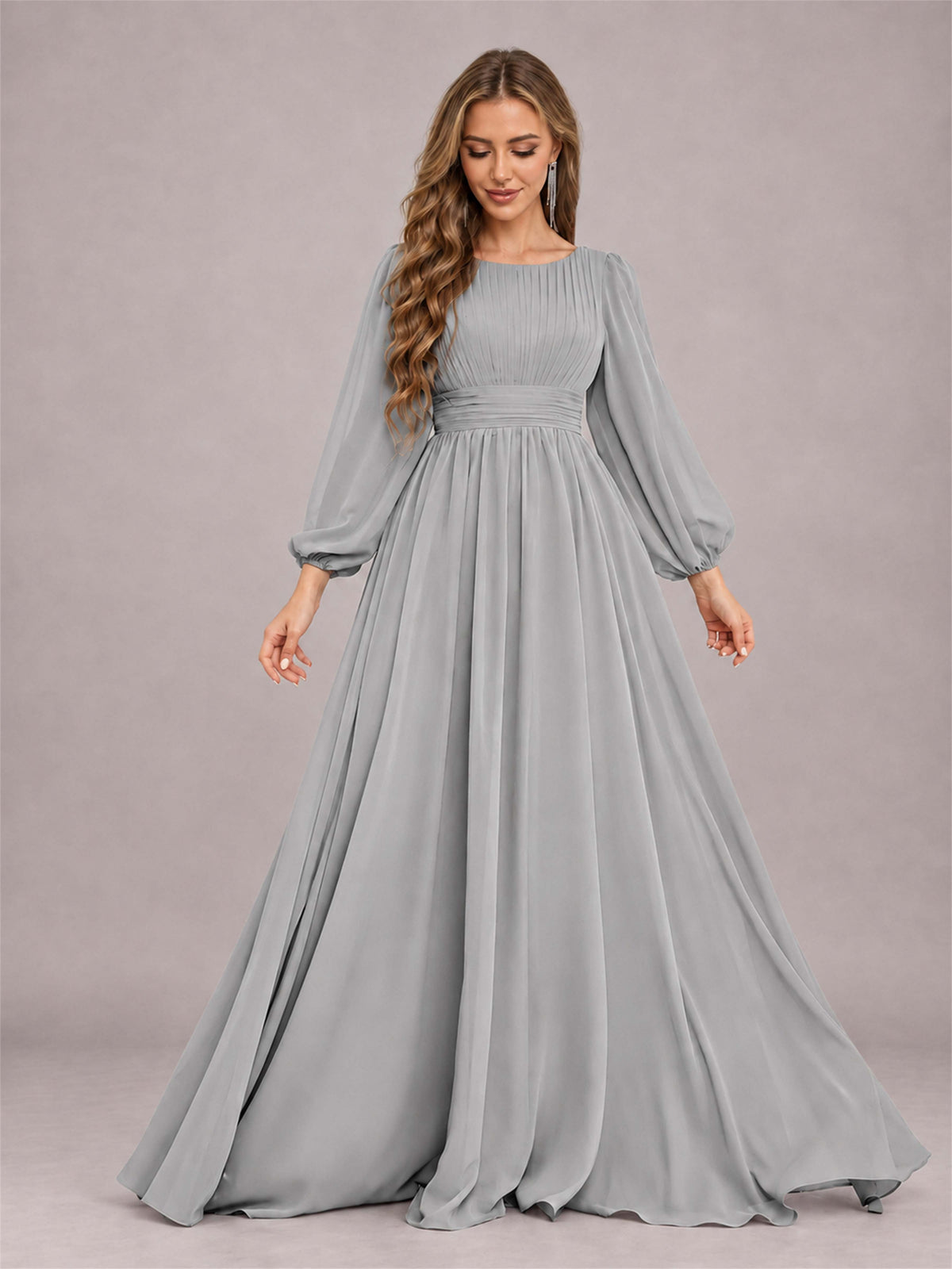Silver Trendy Long Sleeves Ruched Floor Length Chiffon Bridesmaid Dress