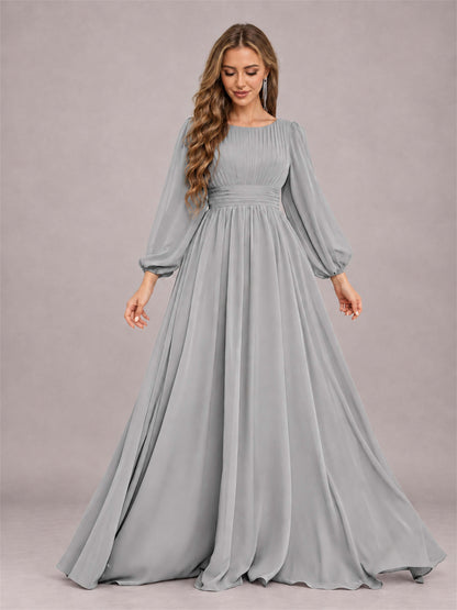 Silver Trendy Long Sleeves Ruched Floor Length Chiffon Bridesmaid Dress