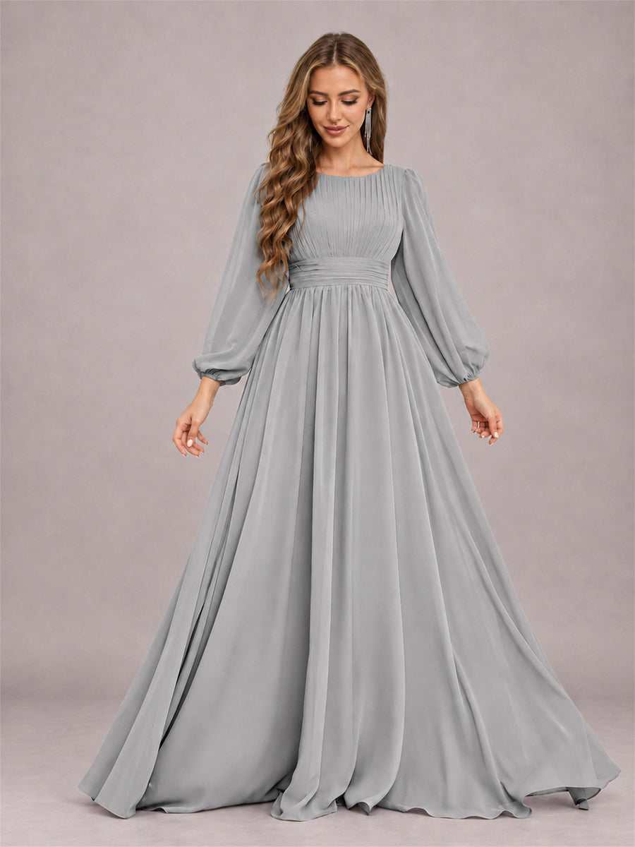Silver Trendy Long Sleeves Ruched Floor Length Chiffon Bridesmaid Dress
