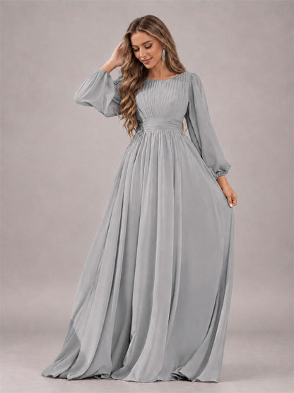 Silver Trendy Long Sleeves Ruched Floor Length Chiffon Bridesmaid Dress