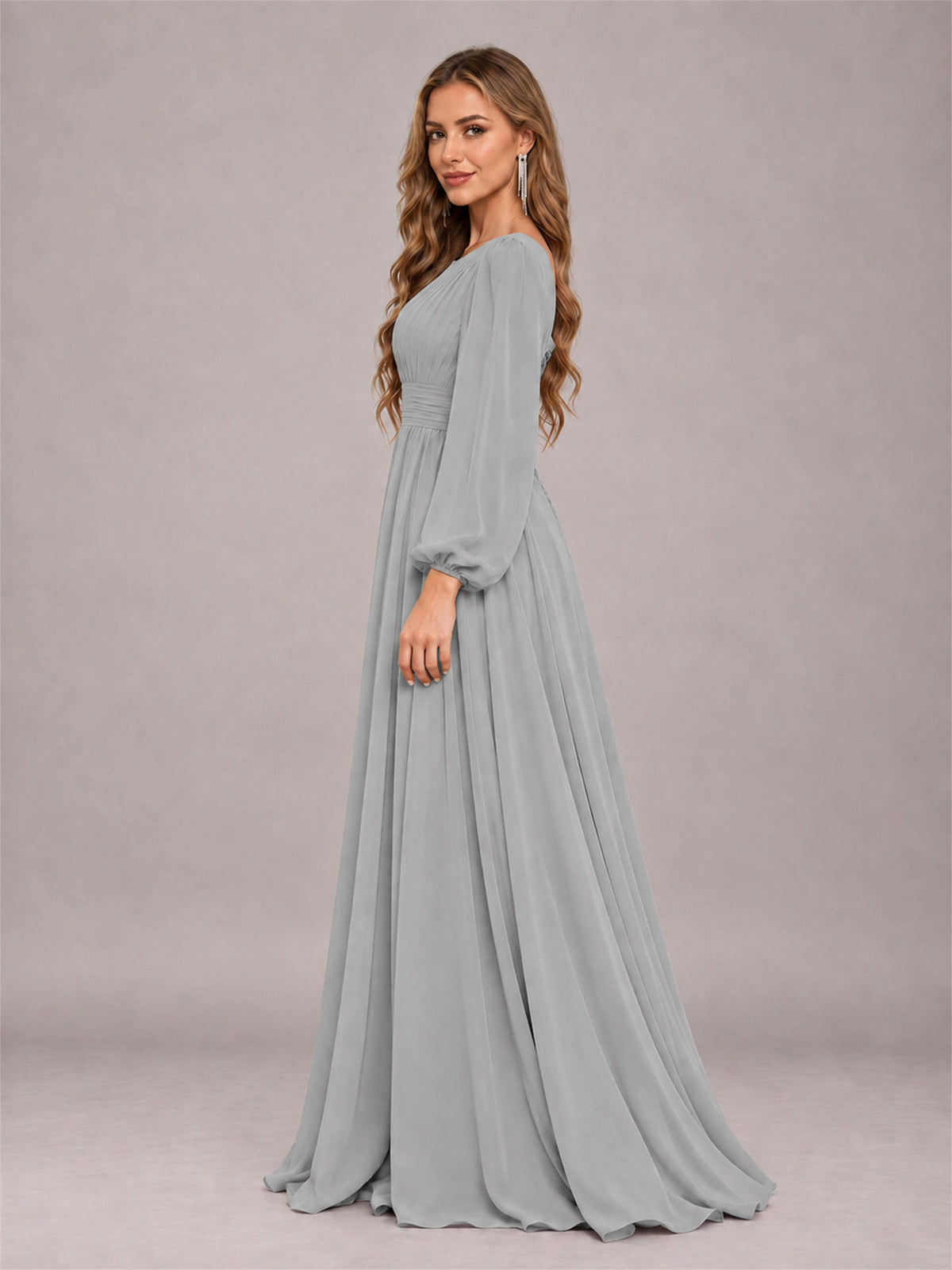 Silver Trendy Long Sleeves Ruched Floor Length Chiffon Bridesmaid Dress