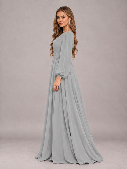 Silver Trendy Long Sleeves Ruched Floor Length Chiffon Bridesmaid Dress