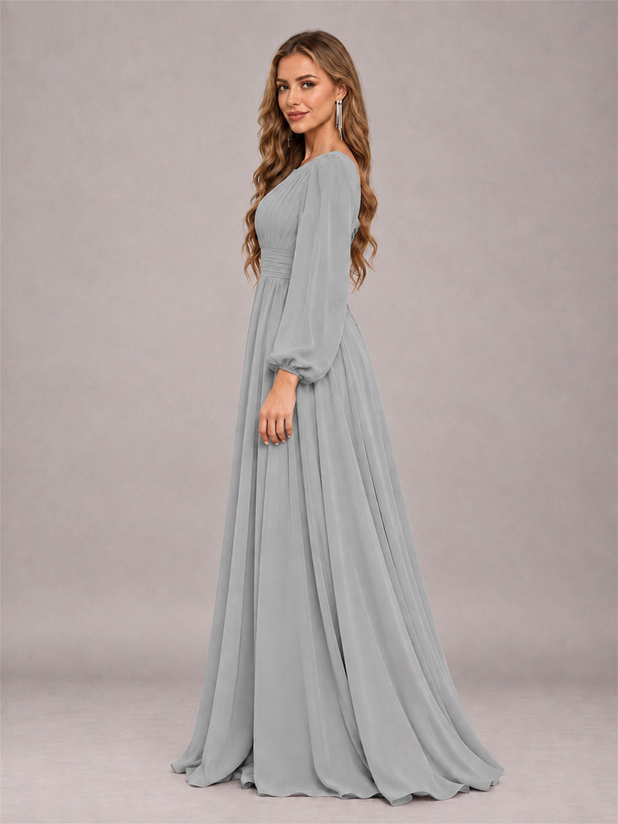 Silver Trendy Long Sleeves Ruched Floor Length Chiffon Bridesmaid Dress