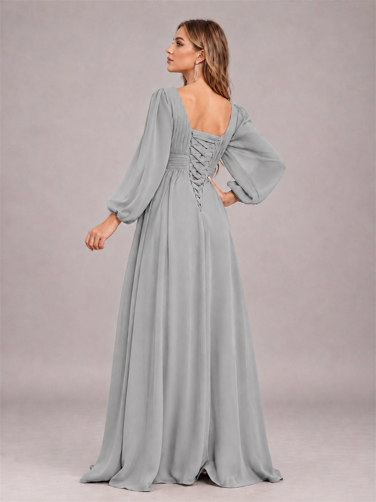 Silver Trendy Long Sleeves Ruched Floor Length Chiffon Bridesmaid Dress
