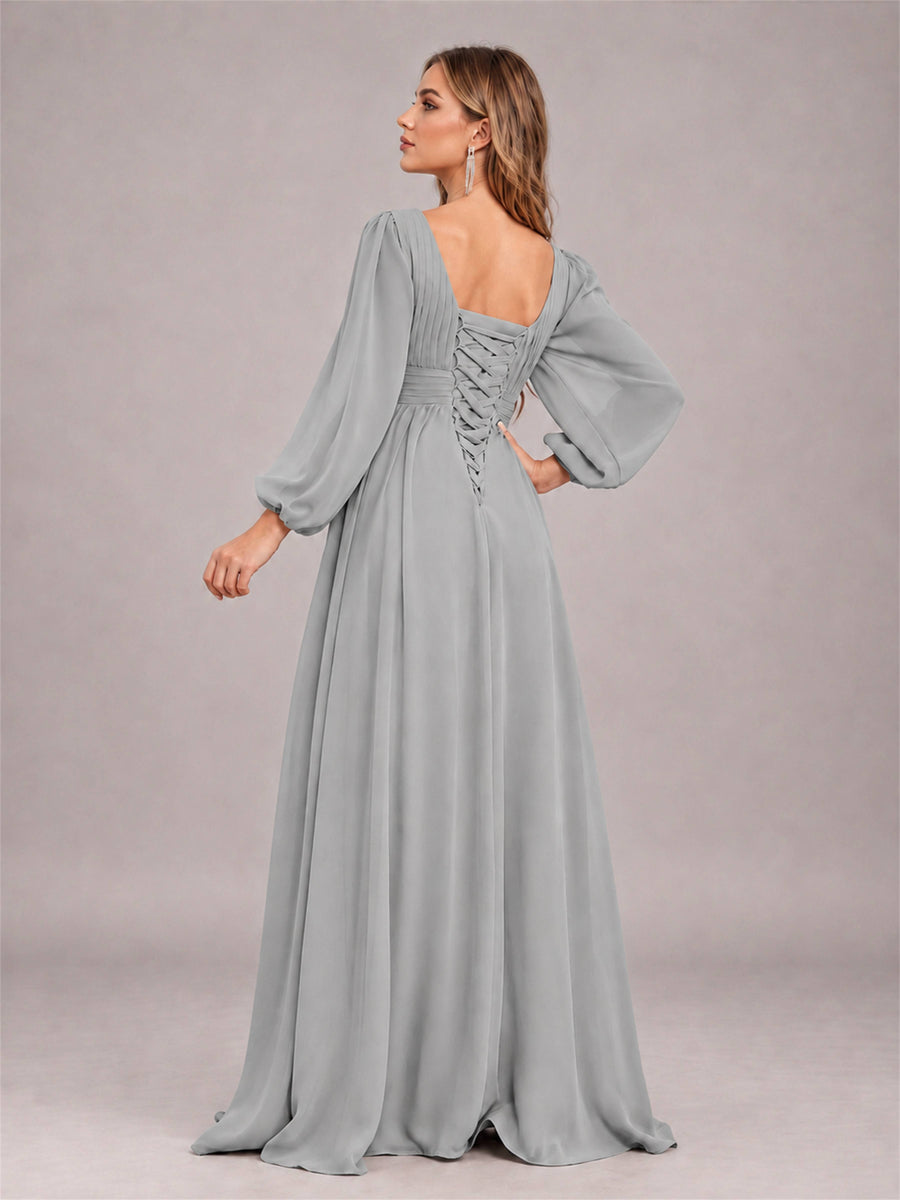 Silver Trendy Long Sleeves Ruched Floor Length Chiffon Bridesmaid Dress