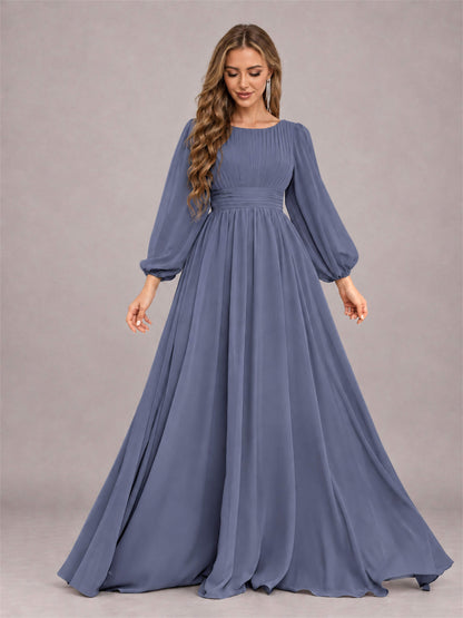 Stormy Blue Trendy Long Sleeves Ruched Floor Length Chiffon Bridesmaid Dress