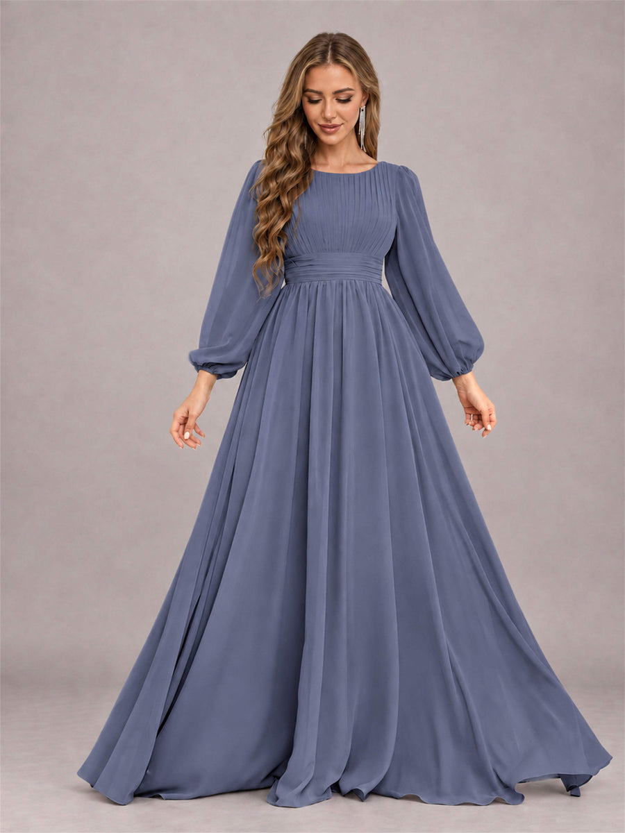 Stormy Blue Trendy Long Sleeves Ruched Floor Length Chiffon Bridesmaid Dress