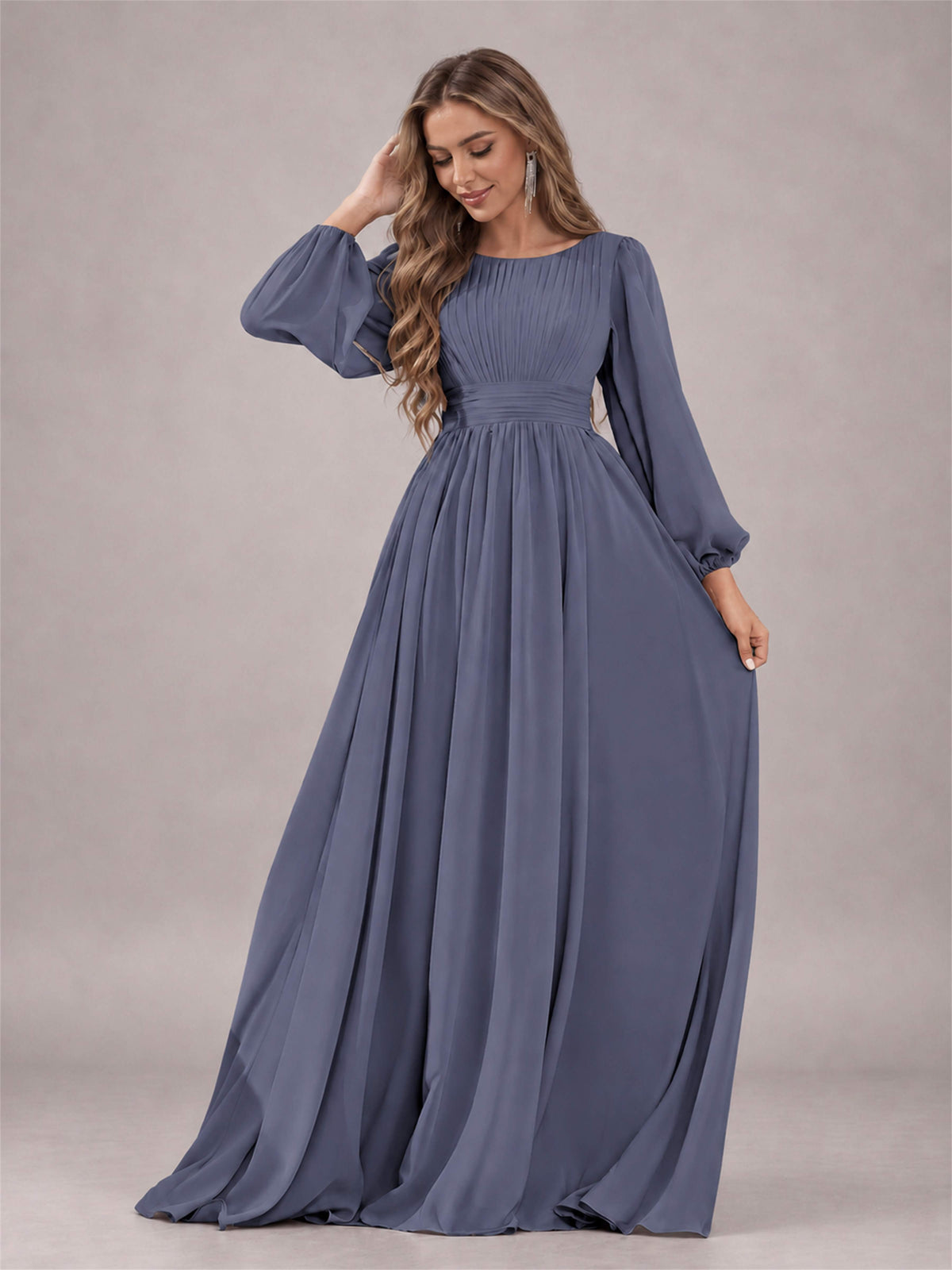 Stormy Blue Trendy Long Sleeves Ruched Floor Length Chiffon Bridesmaid Dress