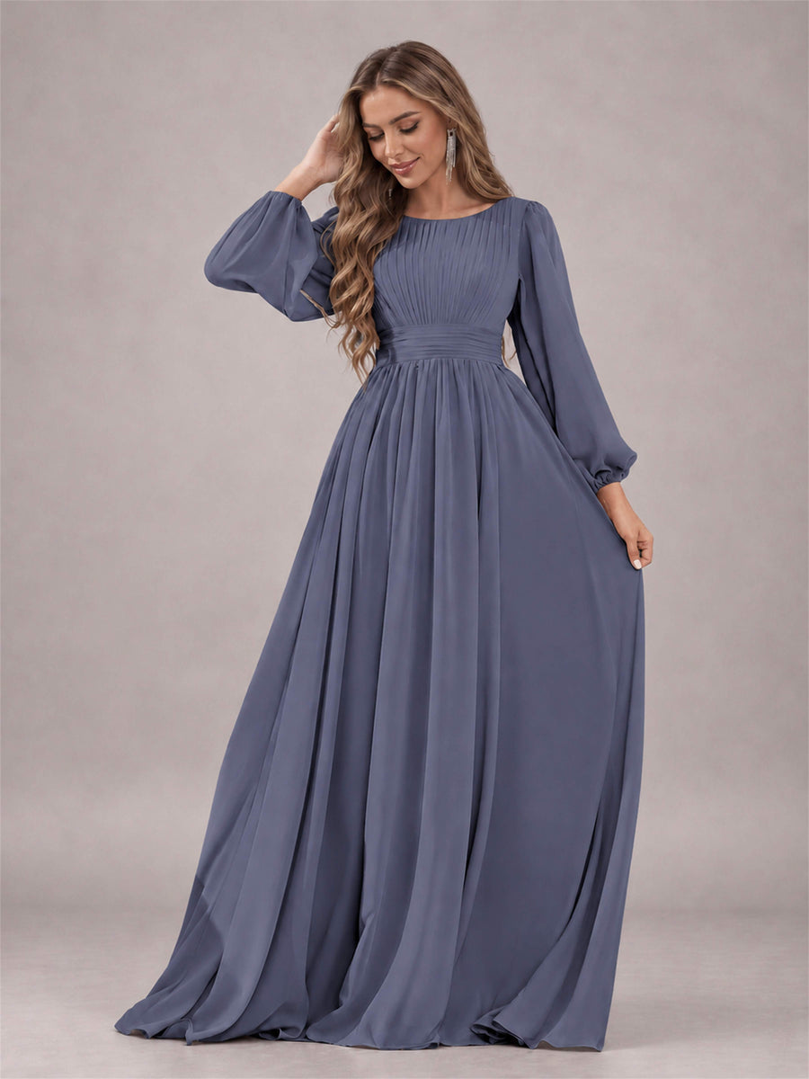 Stormy Blue Trendy Long Sleeves Ruched Floor Length Chiffon Bridesmaid Dress