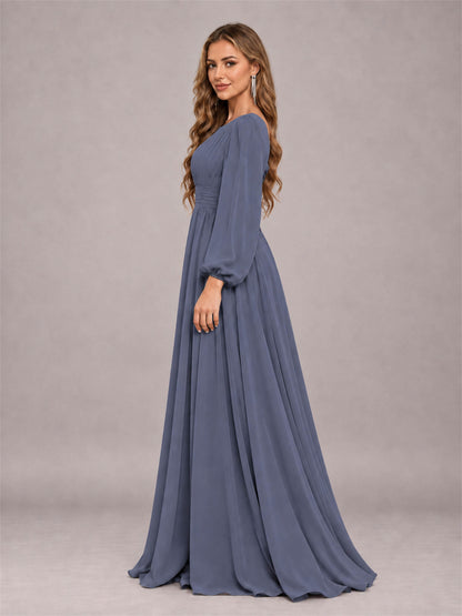 Stormy Blue Trendy Long Sleeves Ruched Floor Length Chiffon Bridesmaid Dress