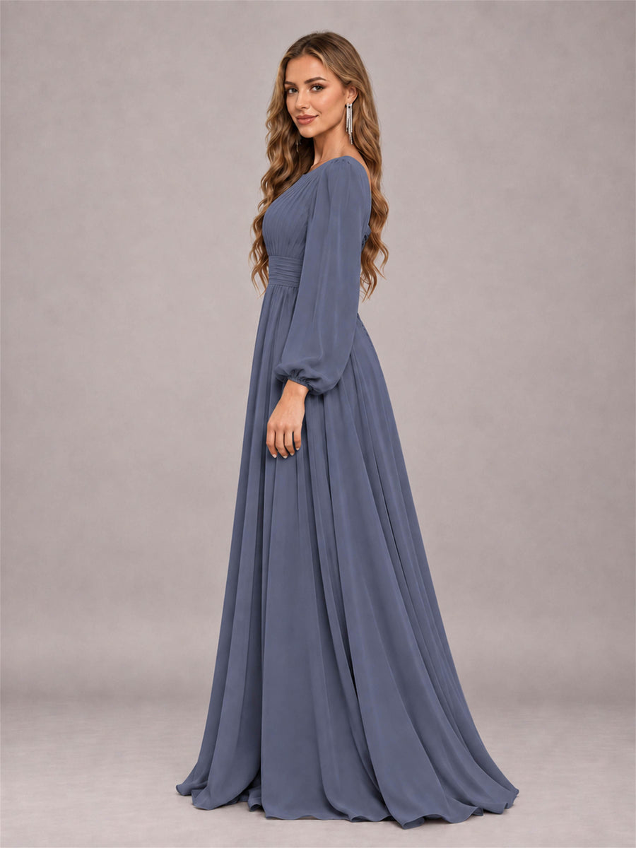 Stormy Blue Trendy Long Sleeves Ruched Floor Length Chiffon Bridesmaid Dress