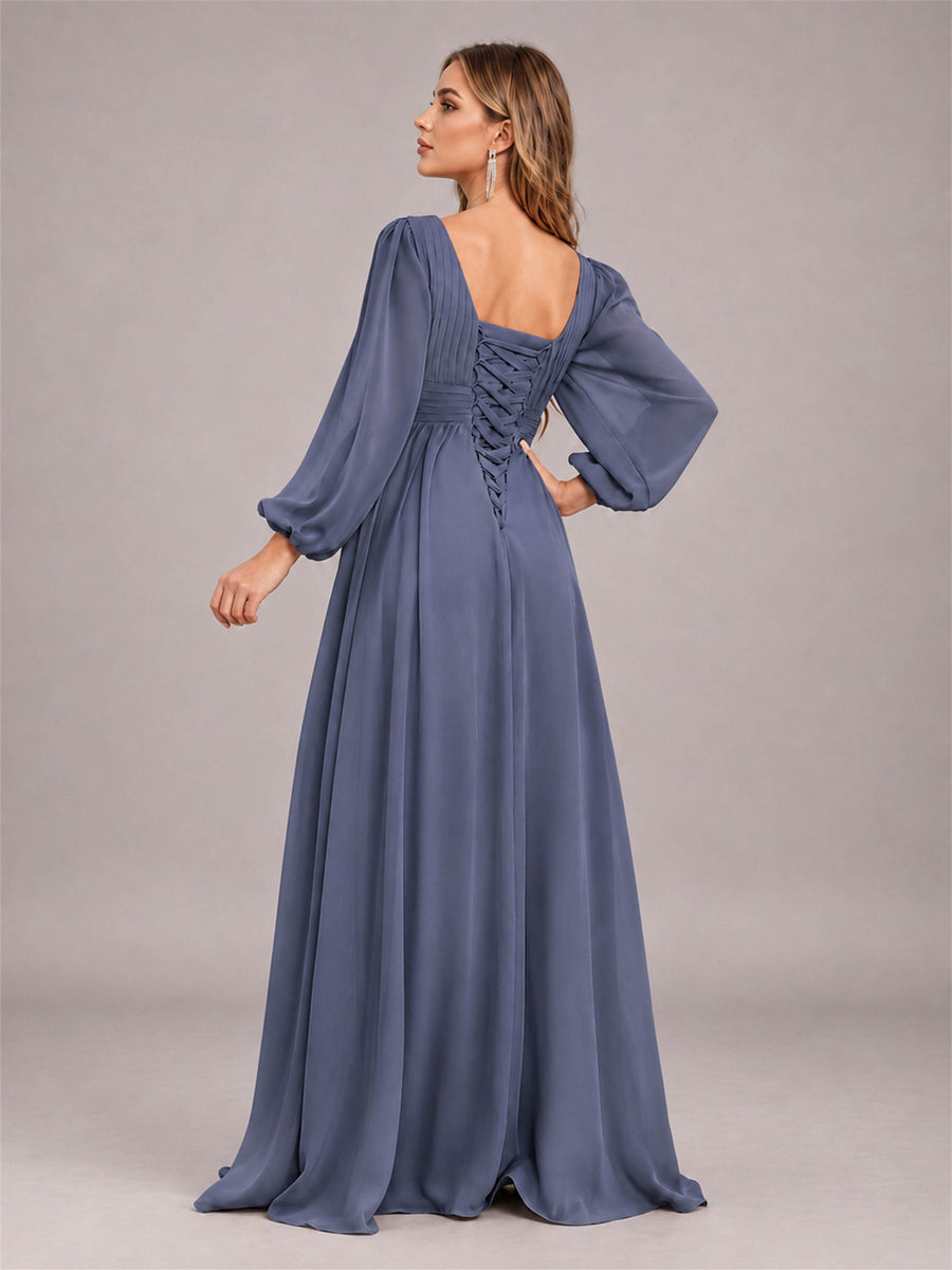 Stormy Blue Trendy Long Sleeves Ruched Floor Length Chiffon Bridesmaid Dress
