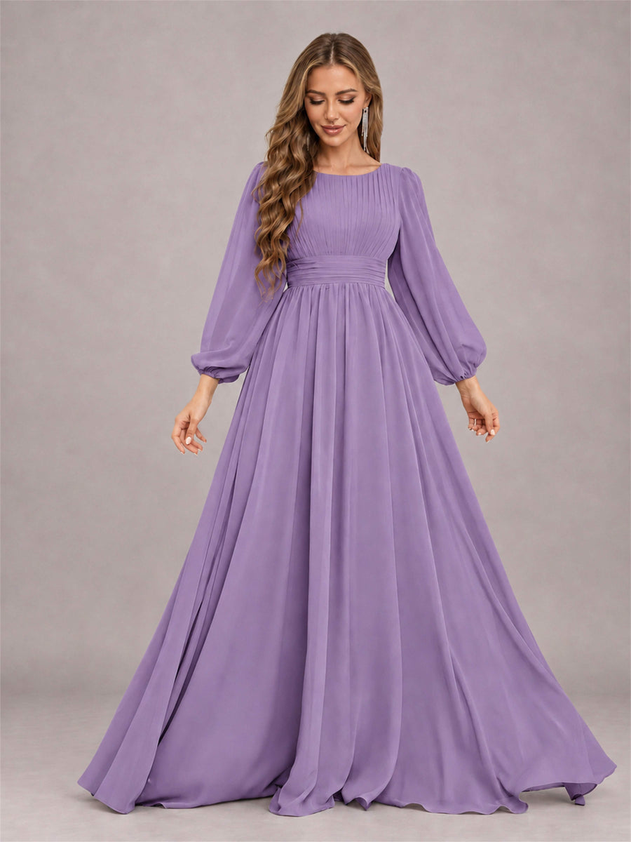 Tahiti Trendy Long Sleeves Ruched Floor Length Chiffon Bridesmaid Dress