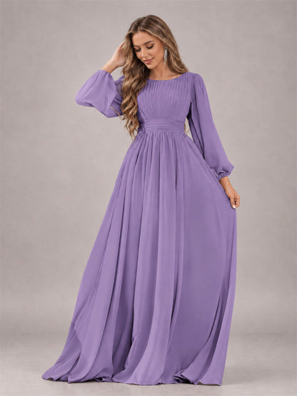 Tahiti Trendy Long Sleeves Ruched Floor Length Chiffon Bridesmaid Dress