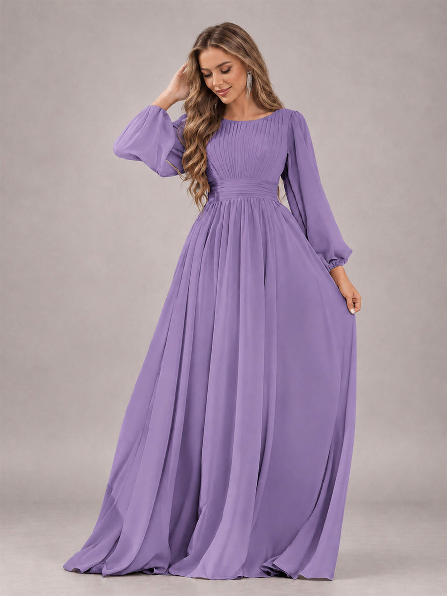 Tahiti Trendy Long Sleeves Ruched Floor Length Chiffon Bridesmaid Dress
