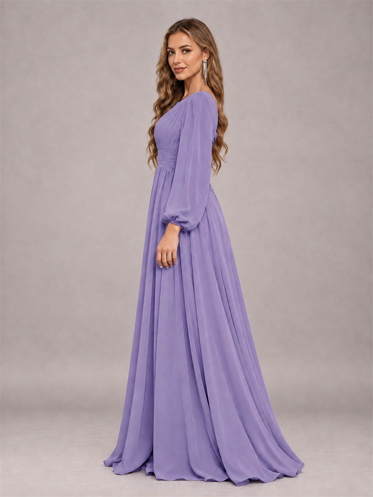Tahiti Trendy Long Sleeves Ruched Floor Length Chiffon Bridesmaid Dress