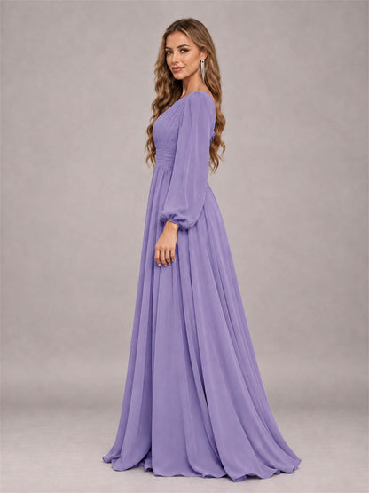 Tahiti Trendy Long Sleeves Ruched Floor Length Chiffon Bridesmaid Dress