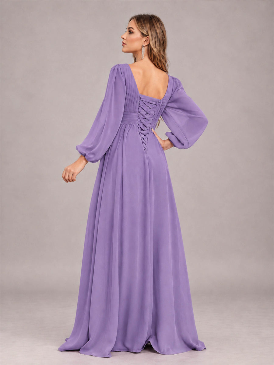 Tahiti Trendy Long Sleeves Ruched Floor Length Chiffon Bridesmaid Dress