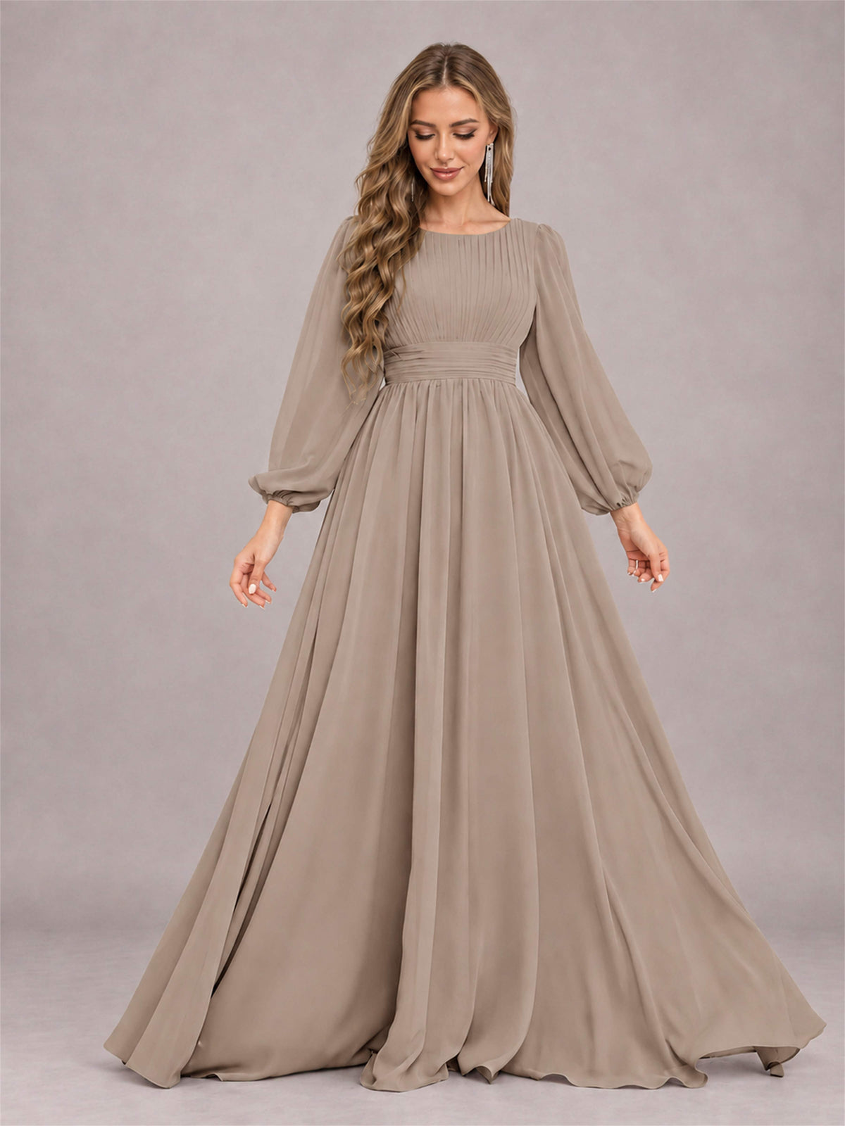 Taupe Trendy Long Sleeves Ruched Floor Length Chiffon Bridesmaid Dress