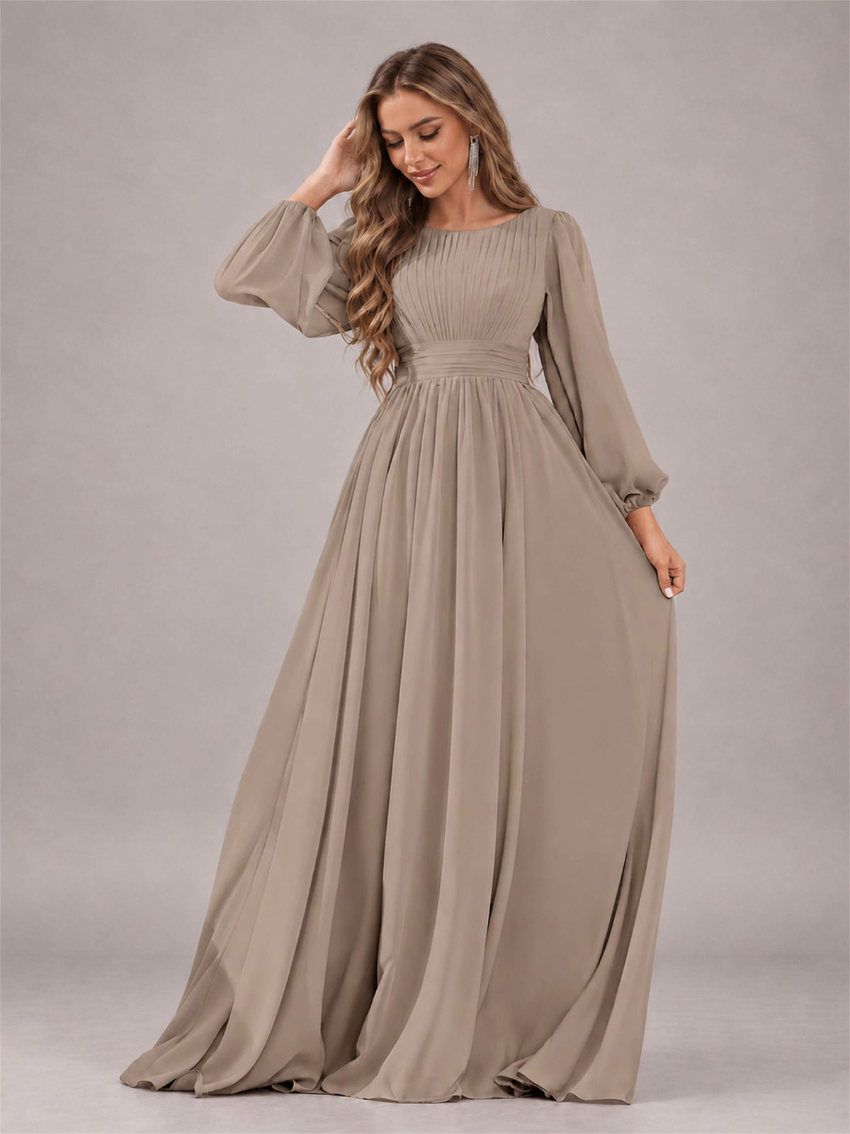 Taupe Trendy Long Sleeves Ruched Floor Length Chiffon Bridesmaid Dress