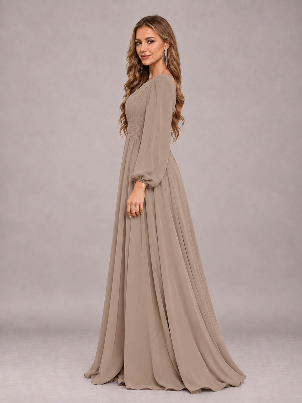 Taupe Trendy Long Sleeves Ruched Floor Length Chiffon Bridesmaid Dress