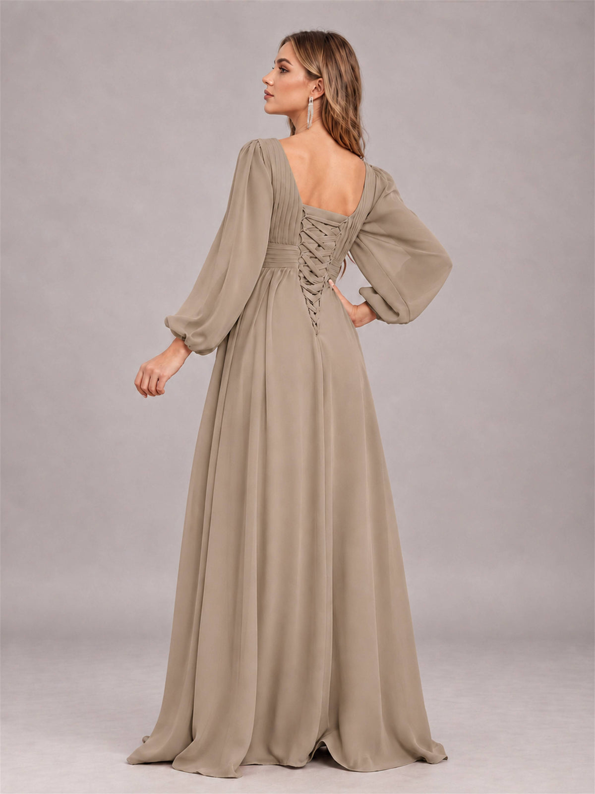Taupe Trendy Long Sleeves Ruched Floor Length Chiffon Bridesmaid Dress