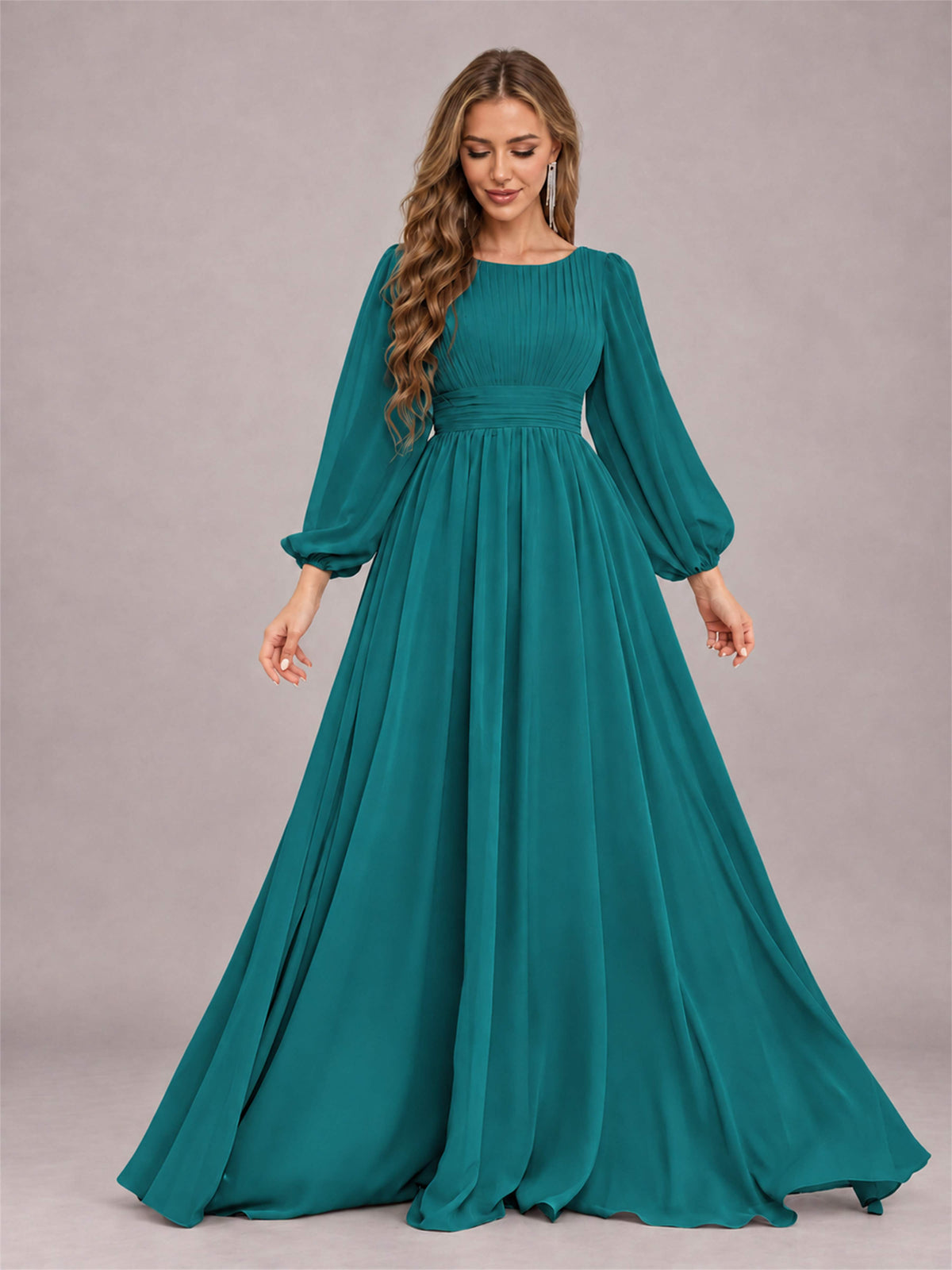 Teal Trendy Long Sleeves Ruched Floor Length Chiffon Bridesmaid Dress