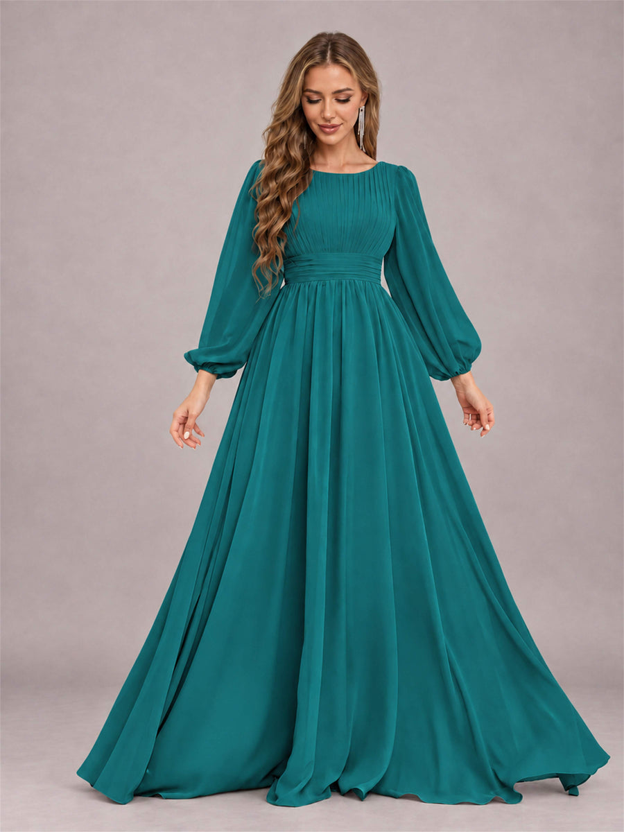 Teal Trendy Long Sleeves Ruched Floor Length Chiffon Bridesmaid Dress