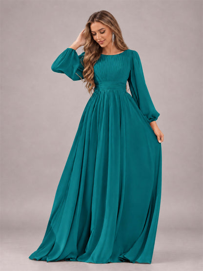 Teal Trendy Long Sleeves Ruched Floor Length Chiffon Bridesmaid Dress