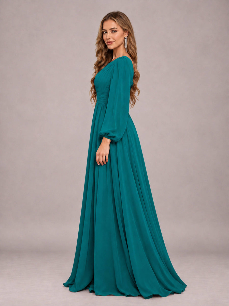 Teal Trendy Long Sleeves Ruched Floor Length Chiffon Bridesmaid Dress
