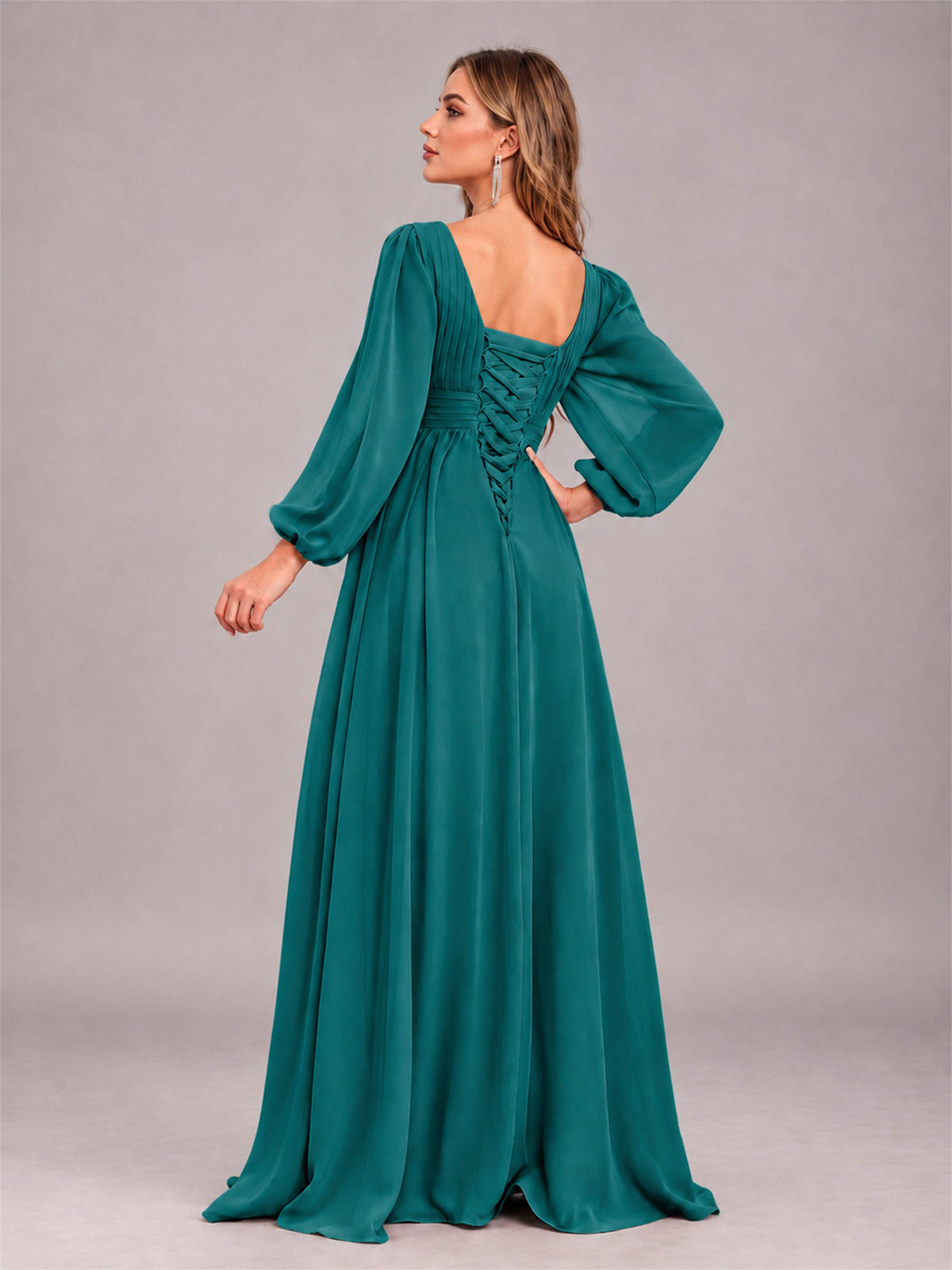 Teal Trendy Long Sleeves Ruched Floor Length Chiffon Bridesmaid Dress