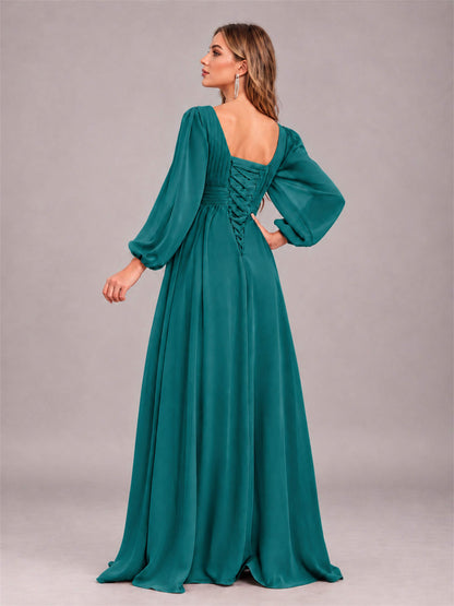 Teal Trendy Long Sleeves Ruched Floor Length Chiffon Bridesmaid Dress
