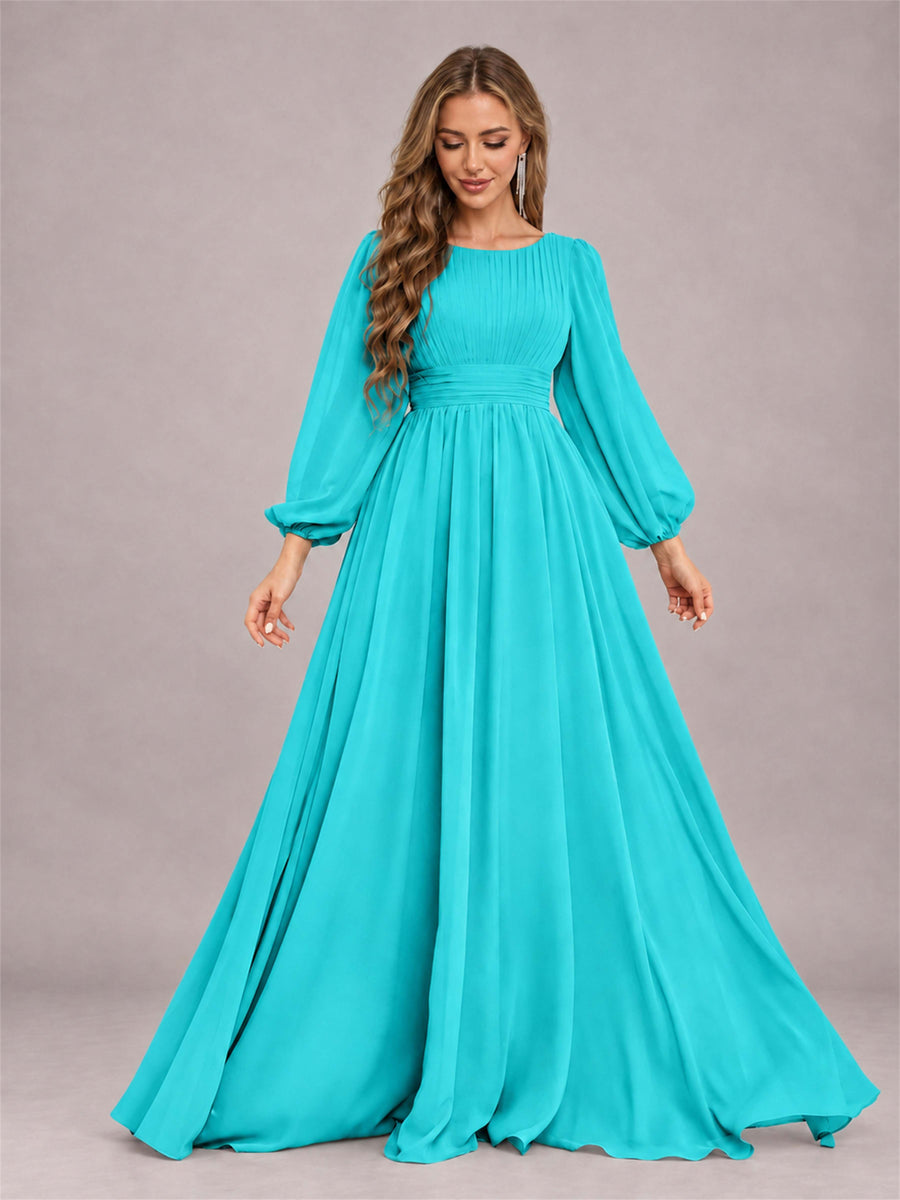 Turquoise Trendy Long Sleeves Ruched Floor Length Chiffon Bridesmaid Dress