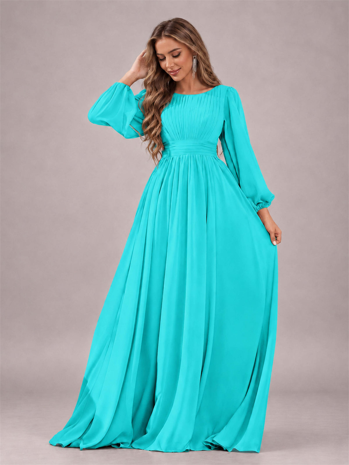 Turquoise Trendy Long Sleeves Ruched Floor Length Chiffon Bridesmaid Dress