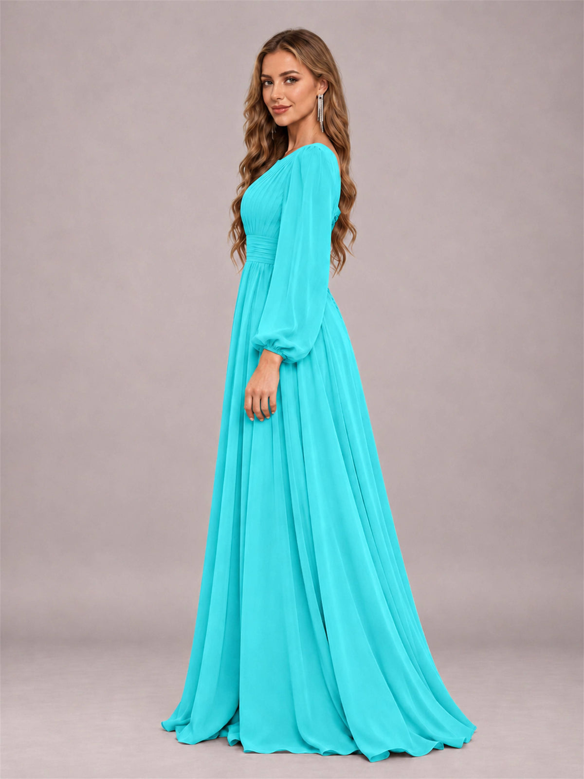 Turquoise Trendy Long Sleeves Ruched Floor Length Chiffon Bridesmaid Dress
