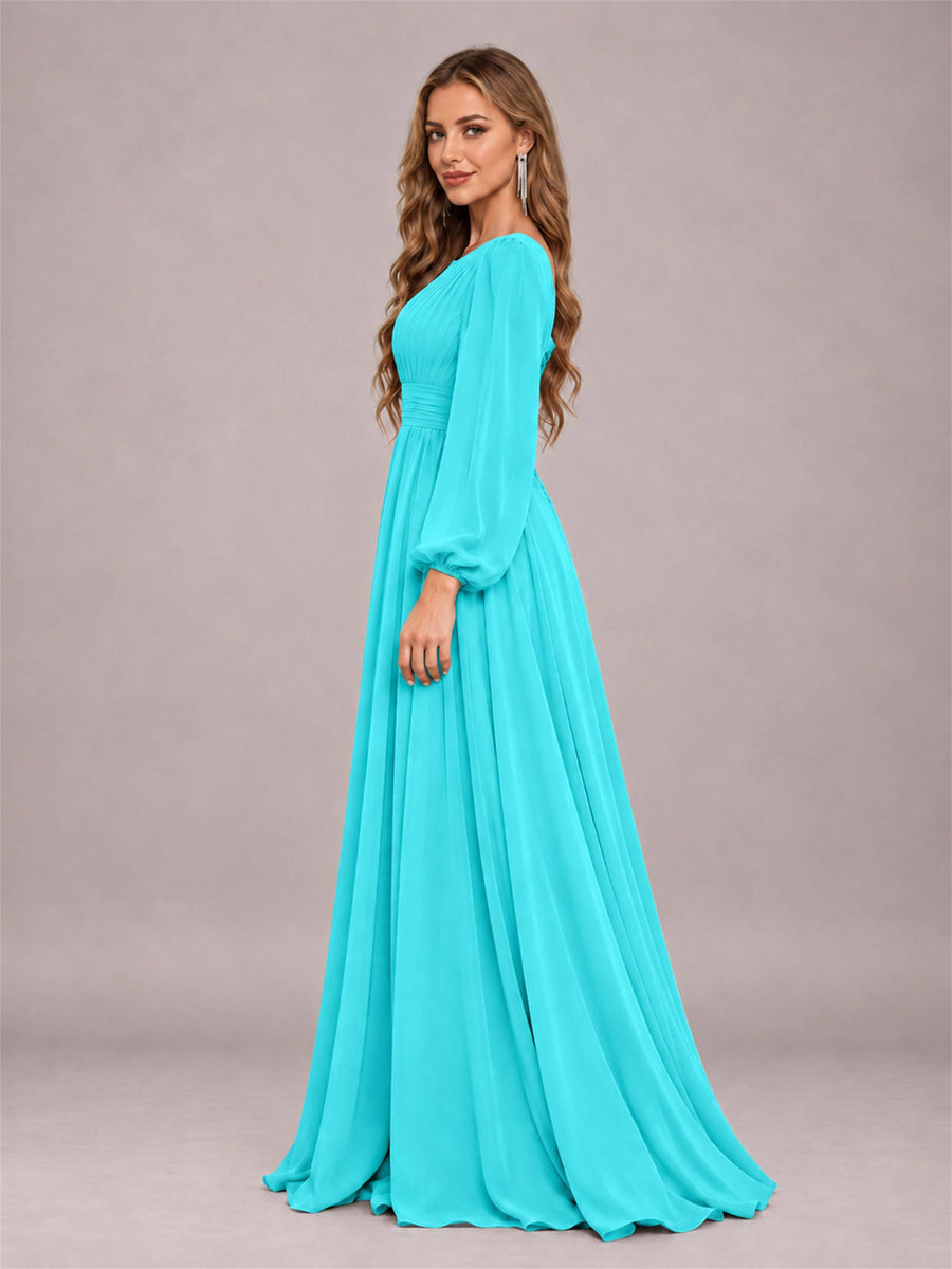Turquoise Trendy Long Sleeves Ruched Floor Length Chiffon Bridesmaid Dress