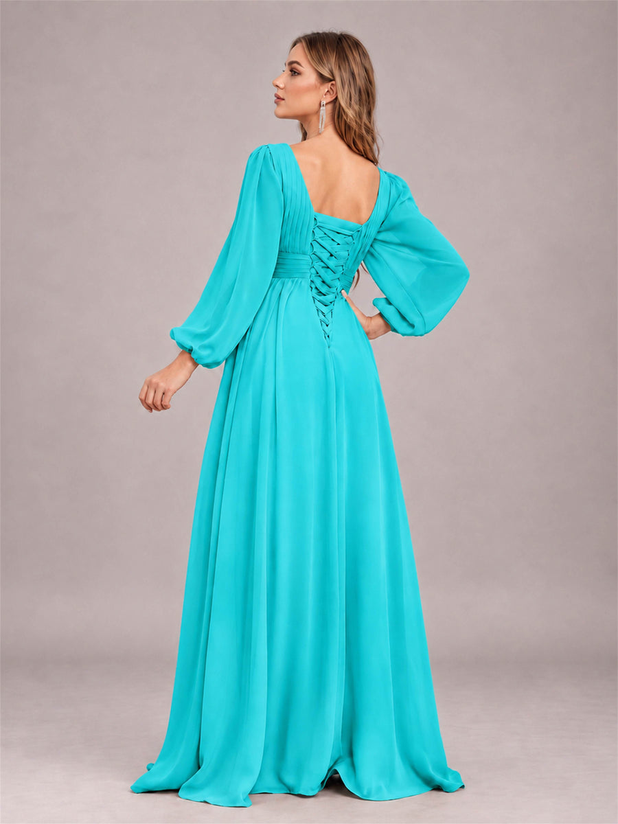 Turquoise Trendy Long Sleeves Ruched Floor Length Chiffon Bridesmaid Dress
