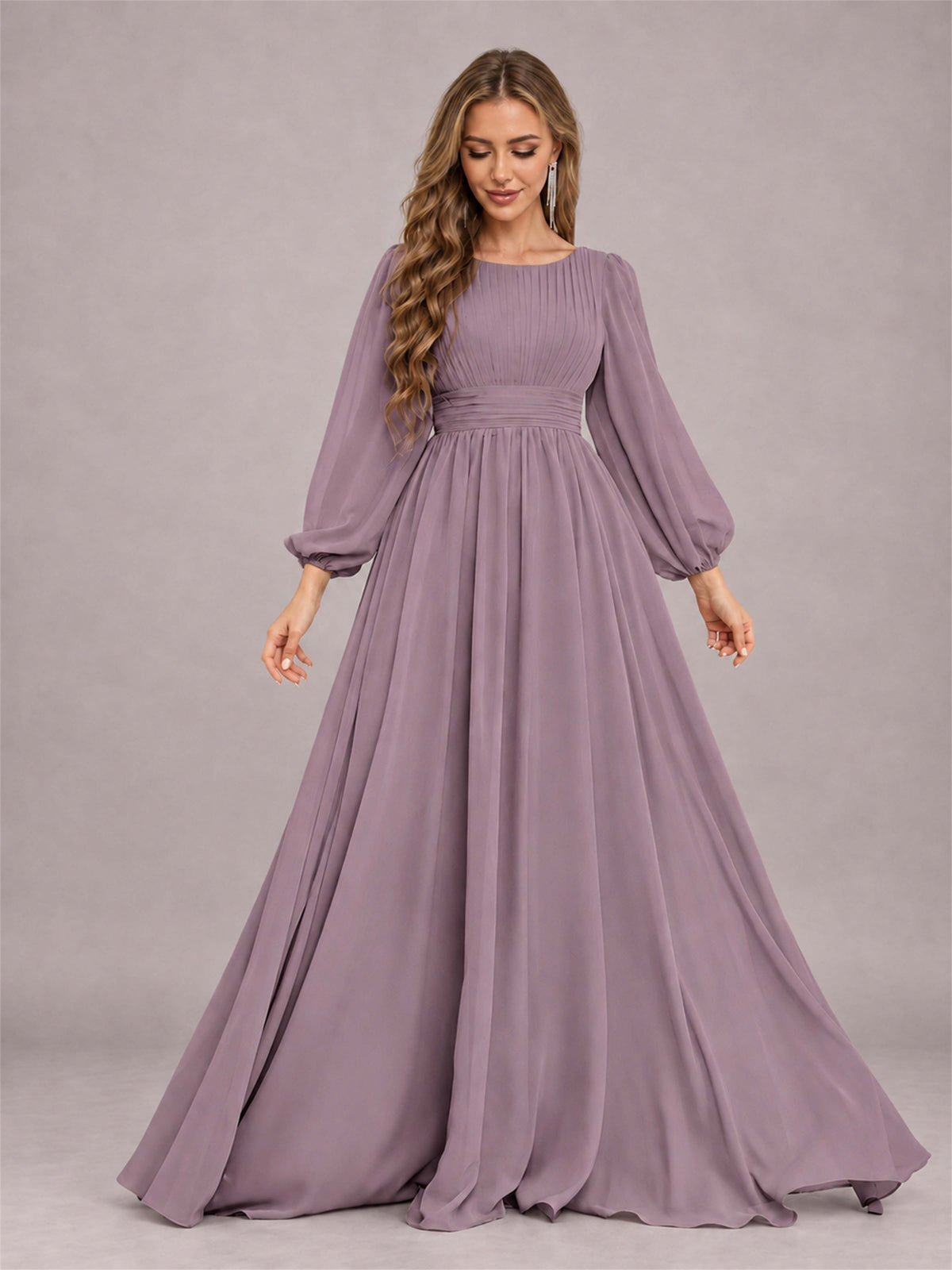 Wisteria Trendy Long Sleeves Ruched Floor Length Chiffon Bridesmaid Dress