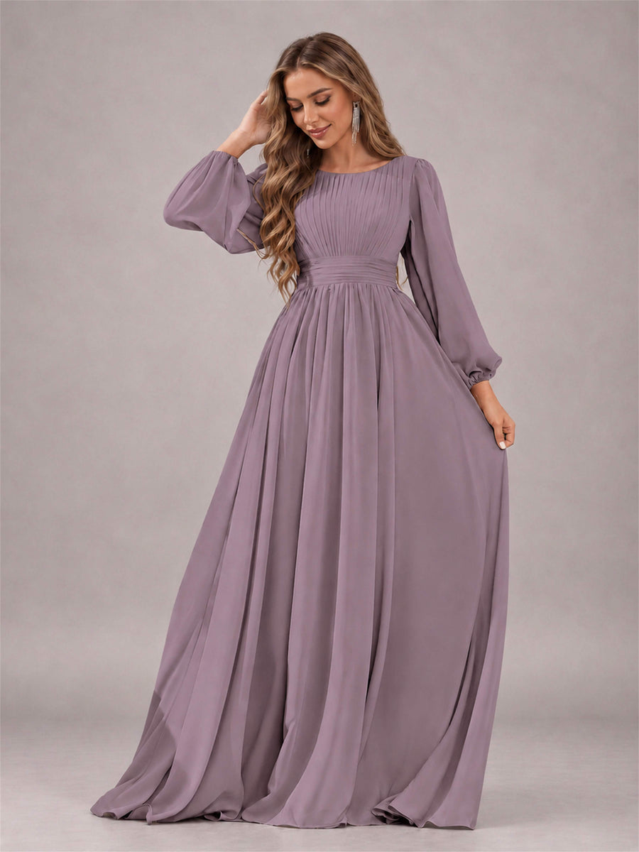 Wisteria Trendy Long Sleeves Ruched Floor Length Chiffon Bridesmaid Dress