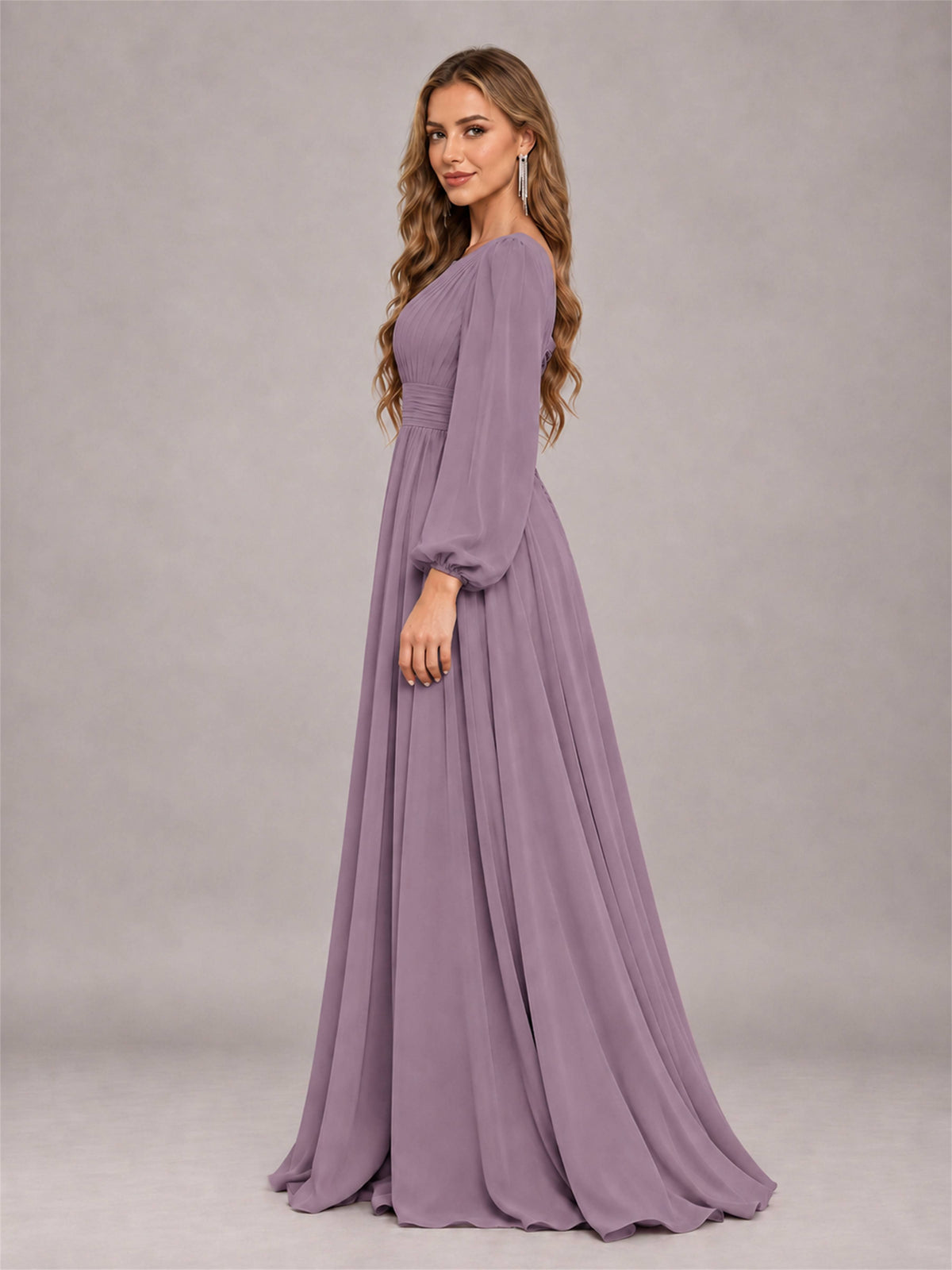 Wisteria Trendy Long Sleeves Ruched Floor Length Chiffon Bridesmaid Dress