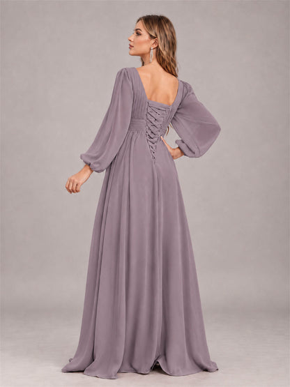 Wisteria Trendy Long Sleeves Ruched Floor Length Chiffon Bridesmaid Dress