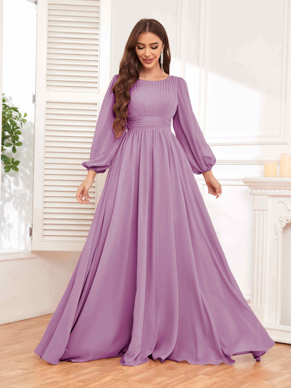 Dusty Purple Trendy Long Sleeves Ruched Floor Length Chiffon Bridesmaid Dresses