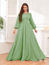 Trendy Long Sleeves Ruched Floor Length Chiffon Bridesmaid Dresses