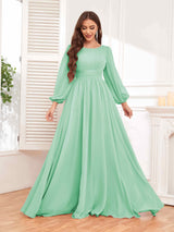 Trendy Long Sleeves Ruched Floor Length Chiffon Bridesmaid Dresses