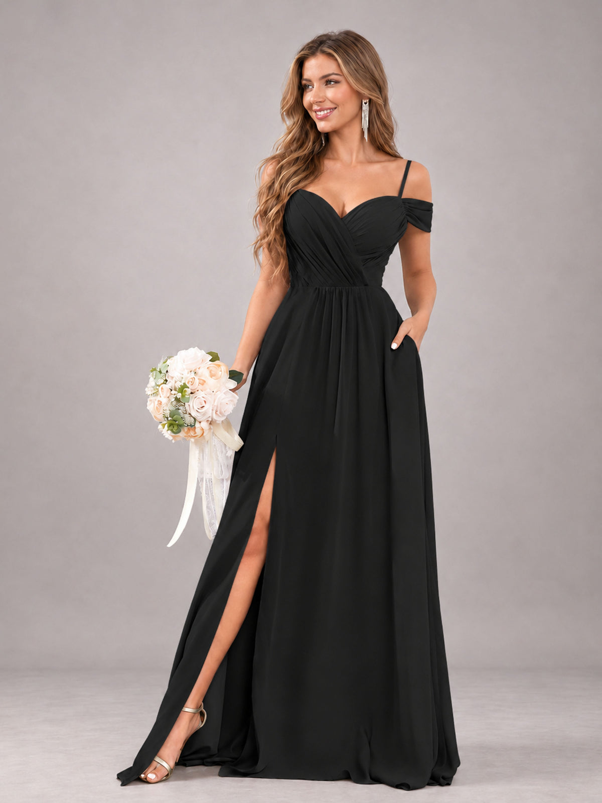 Black Trendy Off The Shoulder Spaghetti Straps Chiffon Bridesmaid Dress
