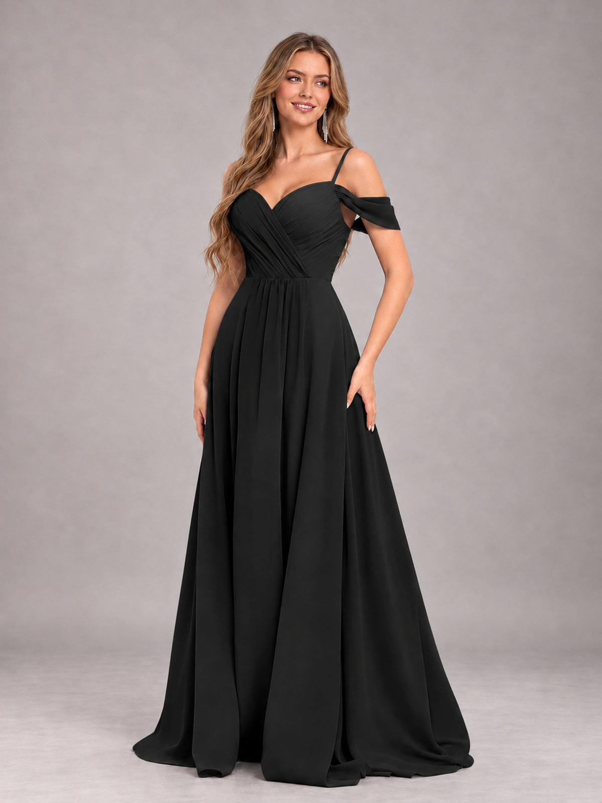 Black Trendy Off The Shoulder Spaghetti Straps Chiffon Bridesmaid Dress