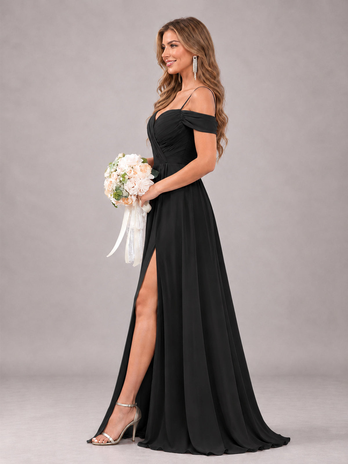 Black Trendy Off The Shoulder Spaghetti Straps Chiffon Bridesmaid Dress