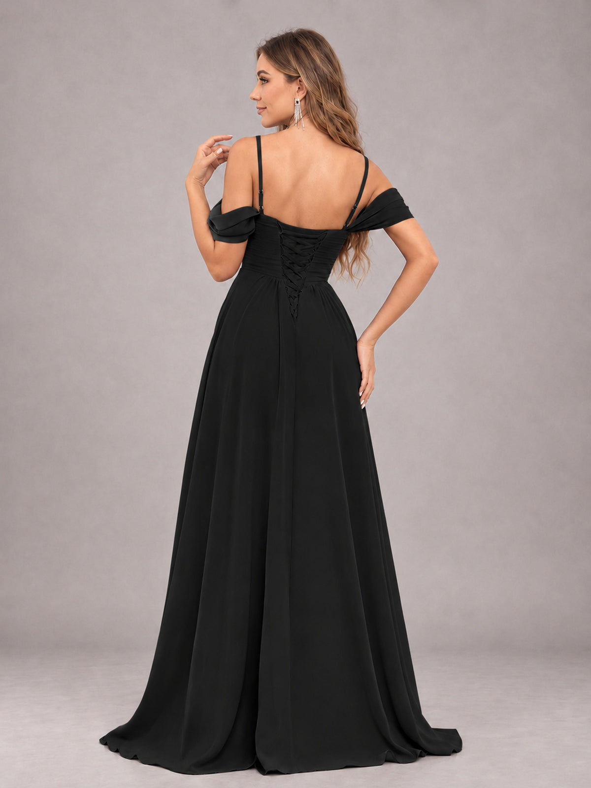 Black Trendy Off The Shoulder Spaghetti Straps Chiffon Bridesmaid Dress