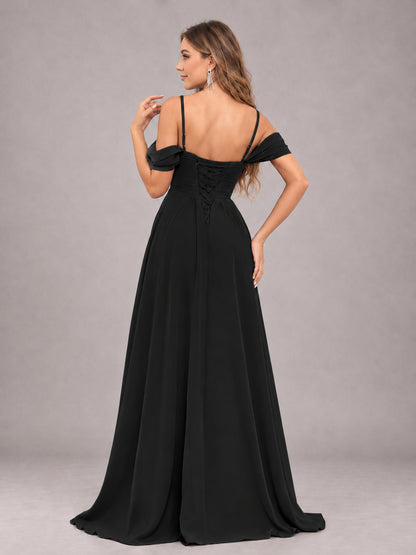 Black Trendy Off The Shoulder Spaghetti Straps Chiffon Bridesmaid Dress