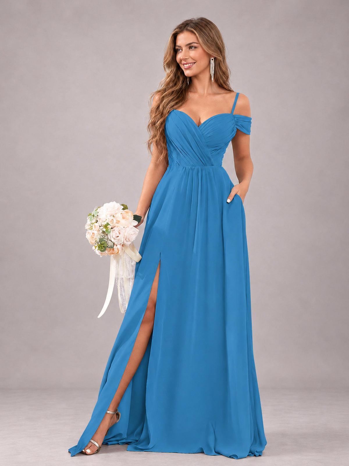 Blue Trendy Off The Shoulder Spaghetti Straps Chiffon Bridesmaid Dress